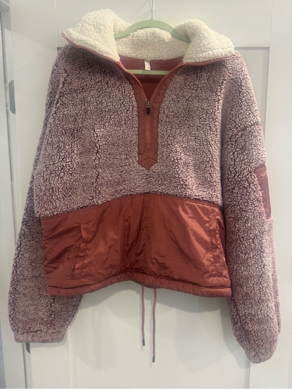 Free People Two-Tone Sherpa Half-Zip Pullover in Dusty Rose and Rust